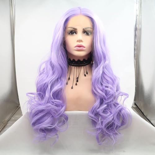 Violette Lace-Front-Perücke, lange Wellen, Naturhaar, hitzebeständige Faser, synthetische Lace-Perücken für modische Frauen (61 cm, Violett/Lace-Front-Perücke) von RainaHair
