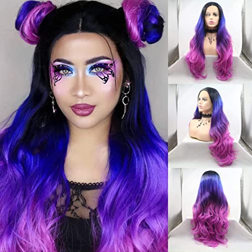 Farbe Blau Ombre Dunkelviolett Rose Rot Synthetische Perücke für Frauen 4 Farbtöne Hitzebeständig Party Cosplay Drag Queen Perücken (Farbe Blau Ombre Dunkellila Rose Rot) von RainaHair