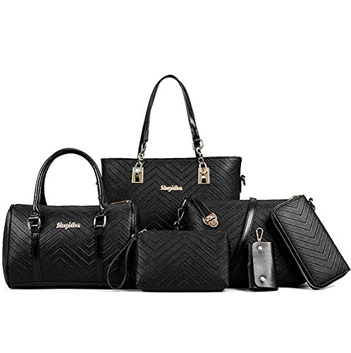RainboSee Damen 6 PCS Henkeltaschen Umhängetaschen Handtaschen Tote Schultertaschen Textur PU Shopper Clutch Geldbörse Brieftasche Schlüsselhalter Schwarz von RainboSee