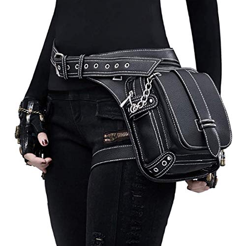 RainboSee Gothic Hüfttasche Punk Tactical Drop Leg Bag Outdoor Bike Motorrad Radfahren Wandern Bauchtasche Hüfte/Oberschenkel Tasche Schultertasche Schwarz (Schwarze Kette) von RainboSee