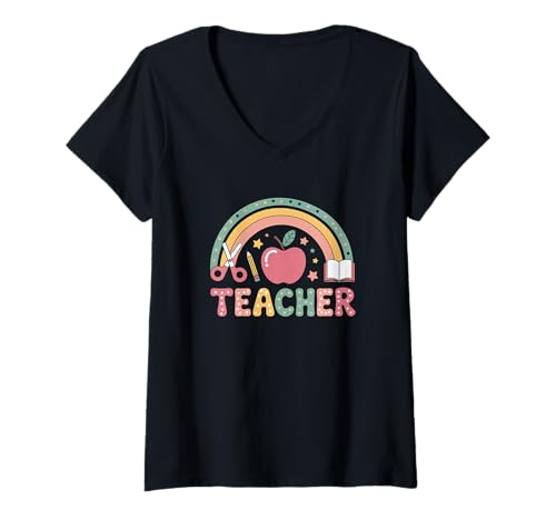 Damen Teacher Rainbow Apple Pencil, Buchdesign T-Shirt mit V-Ausschnitt Damen Teacher Rainbow Apple Pencil, Buchdesign T-Shirt mit V-Ausschnitt von Rainbow Apple Pencil Book Stars Teacher