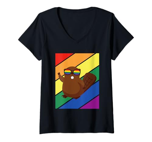 Damen LGBTQ Flagge Gay Pride Month Regenbogen Biber mit LGBT Brille T-Shirt mit V-Ausschnitt Damen LGBTQ Flagge Gay Pride Month Regenbogen Biber mit LGBT Brille T-Shirt mit V-Ausschnitt von Rainbow Beaver LGBTQ Flag Gay Pride Month