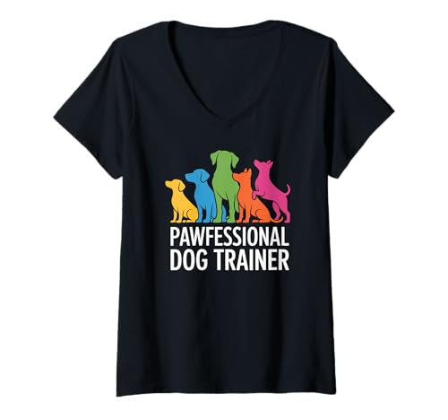 Damen Pawfessional Hundetrainer, Bunte Welpen T-Shirt mit V-Ausschnitt Damen Pawfessional Hundetrainer, Bunte Welpen T-Shirt mit V-Ausschnitt von Rainbow Canine Enthusiasts Collective