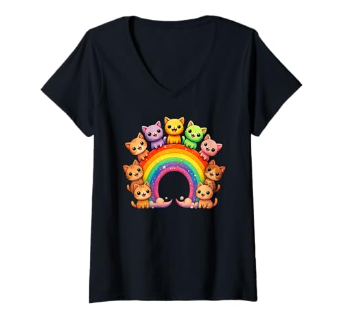 Damen Rainbow Cats Kawaii Cat T-Shirt mit V-Ausschnitt Damen Rainbow Cats Kawaii Cat T-Shirt mit V-Ausschnitt von Rainbow Cats Kawaii Cats Apparel