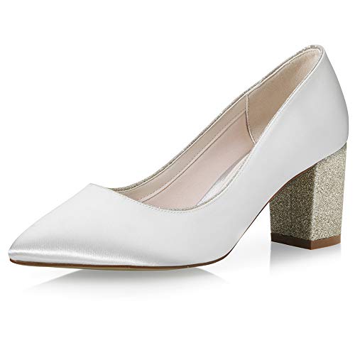 Rainbow Club Brautschuhe Bambie - Damen, Pumps, Ivory/Creme, Satin, Schlicht, Bequem gepolstert, Blockabsatz mit Glitzer, Damen Gr. 37,5 (UK 4,5) von Rainbow Club