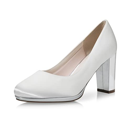 Rainbow Club Brautschuhe Clair - Damen, Pumps, Plateau, Ivory/Creme, Satin, Bequem Gepolstert, Hochzeitsschuhe, Silber Blockabsatz Gr. 39,5 (UK 6,5) von Rainbow Club