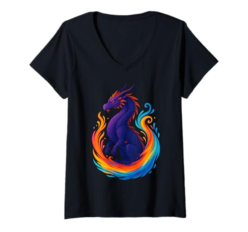Damen Buntes Drachenkunst Fantasy Design T-Shirt mit V-Ausschnitt Damen Buntes Drachenkunst Fantasy Design T-Shirt mit V-Ausschnitt von Rainbow Color Animal Splash