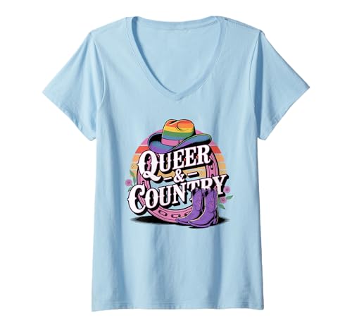 Damen Queer und Country Rainbow Pride LGBTQ Western T-Shirt mit V-Ausschnitt Damen Queer und Country Rainbow Pride LGBTQ Western T-Shirt mit V-Ausschnitt von Rainbow Country Pride Rodeo by NLTS