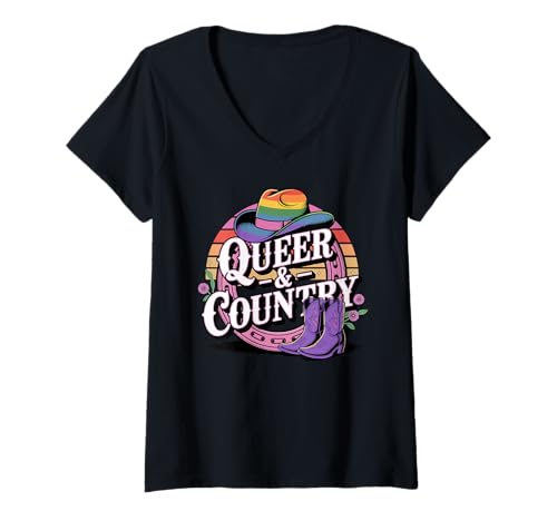 Damen Queer und Country Rainbow Pride LGBTQ Western T-Shirt mit V-Ausschnitt Damen Queer und Country Rainbow Pride LGBTQ Western T-Shirt mit V-Ausschnitt von Rainbow Country Pride Rodeo by NLTS