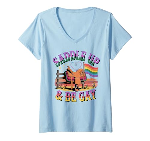 Damen Sattel auf und sei schwul Rainbow Western LGBTQ+ Pride T-Shirt mit V-Ausschnitt von Rainbow Country Pride Rodeo by NLTS