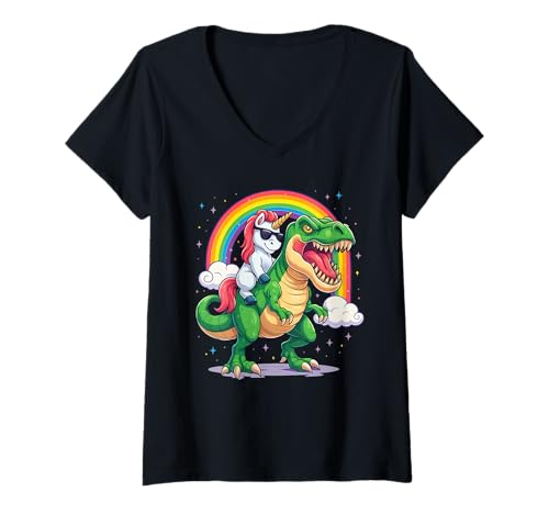 Damen Einhorn Reiten T-Rex Dinosaurier Einhorn Regenbogen Fantasy Fans T-Shirt mit V-Ausschnitt Damen Einhorn Reiten T-Rex Dinosaurier Einhorn Regenbogen Fantasy Fans T-Shirt mit V-Ausschnitt von Rainbow Dinosaur Fantasy Mythical Creature Lovers