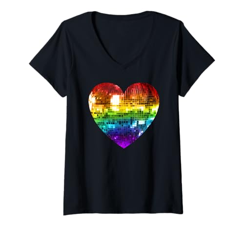 Damen Regenbogen-Discokugel Herz T-Shirt mit V-Ausschnitt Damen Regenbogen-Discokugel Herz T-Shirt mit V-Ausschnitt von Rainbow Disco Ball Heart