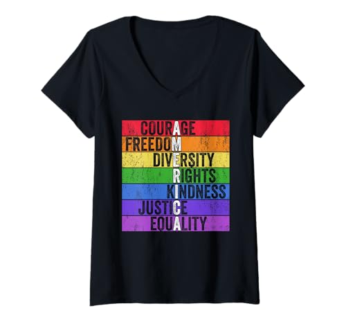 Damen Courage Freedom Diversity Rights Kindness Justice Equality T-Shirt mit V-Ausschnitt Damen Courage Freedom Diversity Rights Kindness Justice Equality T-Shirt mit V-Ausschnitt von Rainbow Flag Empowerment Unity Equality Statement