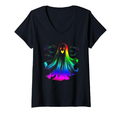 Damen Rainbow Ghost LGBT Gay Pride Lesben Halloween Kostüm T-Shirt mit V-Ausschnitt Damen Rainbow Ghost LGBT Gay Pride Lesben Halloween Kostüm T-Shirt mit V-Ausschnitt von Rainbow Ghost LGBT Gay Pride Lesbian Halloween