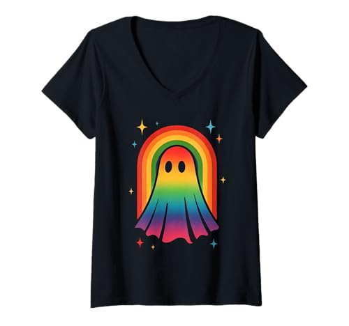 Damen LGBTQ Pride Halloween im Retro-LGBTQ-Design mit Ghost im Boho-Design T-Shirt mit V-Ausschnitt Damen LGBTQ Pride Halloween im Retro-LGBTQ-Design mit Ghost im Boho-Design T-Shirt mit V-Ausschnitt von Rainbow Groovy Ghost Retro Halloween LGBT Design
