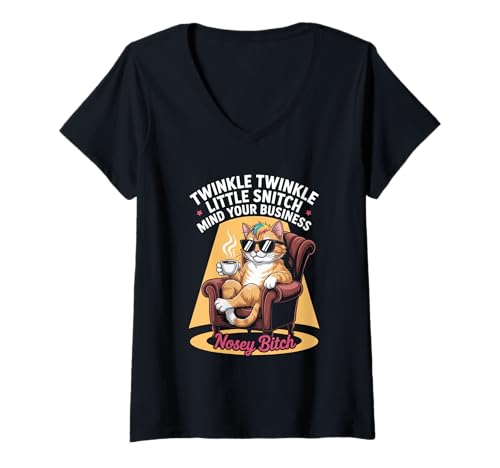 Damen Lustige Katze Kaffee Spruch sarkastischer Schnatz Haltung Humor T-Shirt mit V-Ausschnitt von Rainbow Hair Kitty Sassy Style Drama Blocker