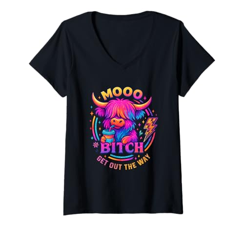 Damen Lustiges Motiv „Mooo Bitch“ mit Hochlandkuh T-Shirt mit V-Ausschnitt Damen Lustiges Motiv „Mooo Bitch“ mit Hochlandkuh T-Shirt mit V-Ausschnitt von Rainbow Highland Cattle Humor Style