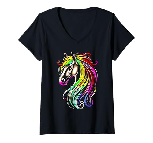 Damen Pferdeliebhaber Regenbogen Pferde Kunst T-Shirt mit V-Ausschnitt Damen Pferdeliebhaber Regenbogen Pferde Kunst T-Shirt mit V-Ausschnitt von Rainbow Horses Riding Art