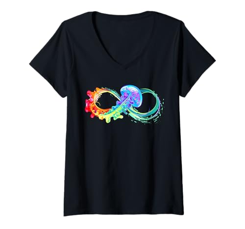 Damen Aquarell Infinity Autistic Pride ASD Autismus Bewusstsein T-Shirt mit V-Ausschnitt von Rainbow Infinity Autistic