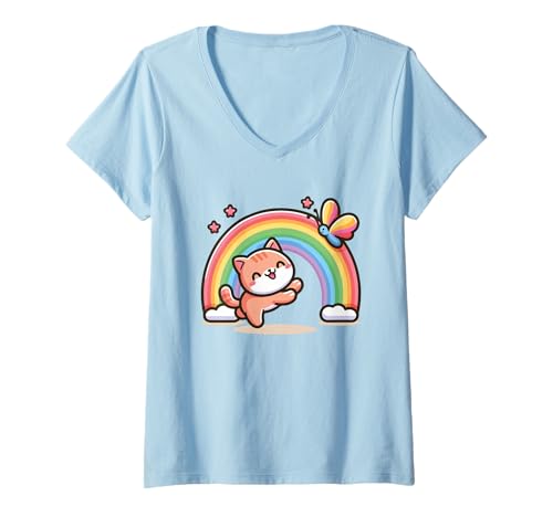 Damen Süße Katze mit Regenbogen und Schmetterling – Kawaii-Kätzchen-Kunst T-Shirt mit V-Ausschnitt Damen Süße Katze mit Regenbogen und Schmetterling – Kawaii-Kätzchen-Kunst T-Shirt mit V-Ausschnitt von Rainbow Kitties