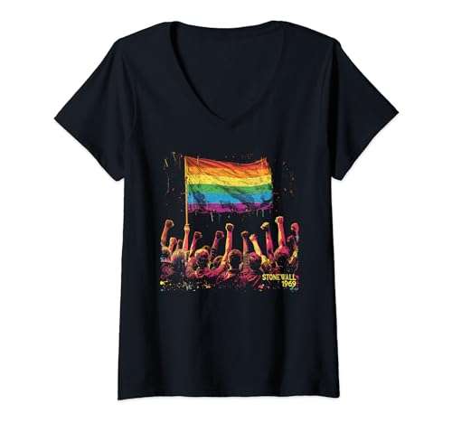 Damen Gay Pride Month Regenbogenflagge Stonewall Riot 1969 LGBTQ T-Shirt mit V-Ausschnitt von Rainbow Love Pride Apparel