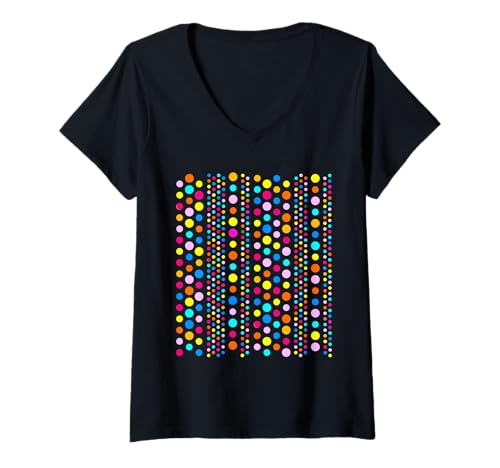 Damen Rainbow Color Polka Dot Vertikale Streifen Schwarz Formen Mania T-Shirt mit V-Ausschnitt Damen Rainbow Color Polka Dot Vertikale Streifen Schwarz Formen Mania T-Shirt mit V-Ausschnitt von Rainbow Polka Dot Stylish Shapes Mania
