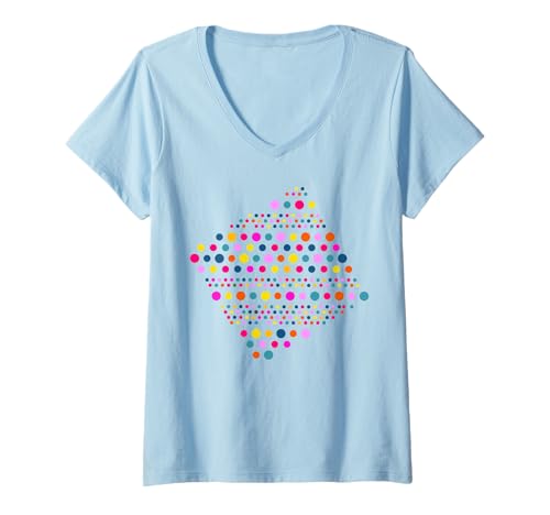 Damen Stilvolle Regenbogenfarben gepunktet abstrakte weiße Formen Mania T-Shirt mit V-Ausschnitt Damen Stilvolle Regenbogenfarben gepunktet abstrakte weiße Formen Mania T-Shirt mit V-Ausschnitt von Rainbow Polka Dot Stylish Shapes Mania