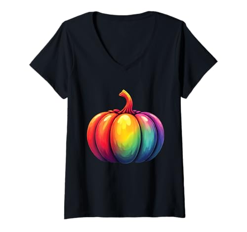 Damen Lebendige Regenbogen-Kürbis-Grafik T-Shirt mit V-Ausschnitt von Rainbow Pumpkin Halloween Holiday Wear