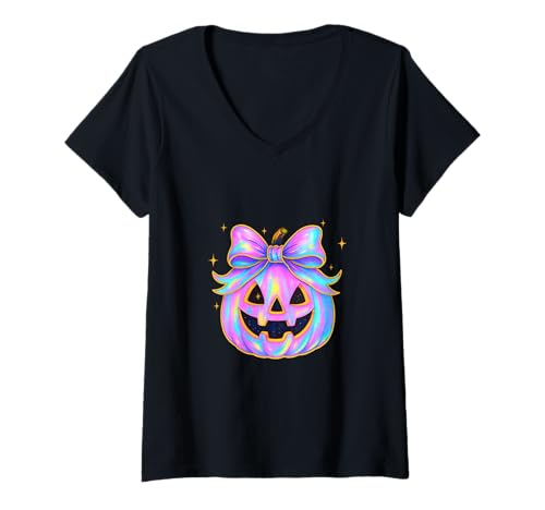 Damen Regenbogen-Kürbis-Shirt, niedlich, Halloween-Jack-O-Laternen-Schleife T-Shirt mit V-Ausschnitt von Rainbow Pumpkin Tee Shirts for Halloween Aesthetic