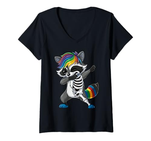 Damen Dabbing Waschbär-Skelett Halloween-Kostüm Kinder T-Shirt mit V-Ausschnitt Damen Dabbing Waschbär-Skelett Halloween-Kostüm Kinder T-Shirt mit V-Ausschnitt von Rainbow Raccoon Halloween Fun