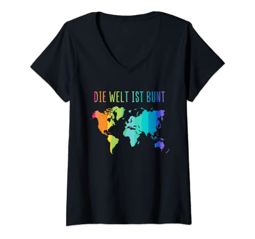 Damen Die Welt ist Bunt Schwul Homo Outfit LGBT Gay Homosexualität T-Shirt mit V-Ausschnitt von Rainbow Regenbogen Lesbe Pride LGBTQ Kleidung Mann