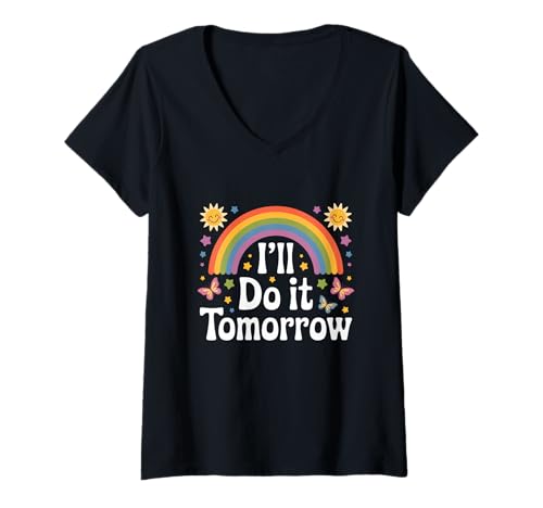 Damen I'll Do It Tomorrow Funny Lazy Rainbow Retro T-Shirt mit V-Ausschnitt von Rainbow Retro Vibes