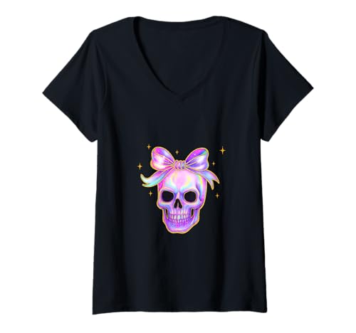Damen Regenbogen Schädel Shirt Halloween Niedliche Schleife Pastell Ästhetisch T-Shirt mit V-Ausschnitt Damen Regenbogen Schädel Shirt Halloween Niedliche Schleife Pastell Ästhetisch T-Shirt mit V-Ausschnitt von Rainbow Skull Tee Shirts for Pastel Goth Fans