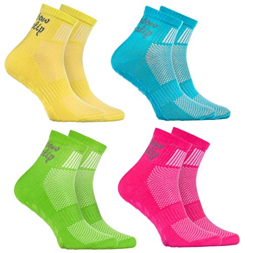 Rainbow Socks - Jungen Mädchen Sneaker Baumwolle Antirutsch Sport Stoppersocken - 4 Paar - Gelb Türkis Grün Rosa - Größen 24-29 von Rainbow Socks