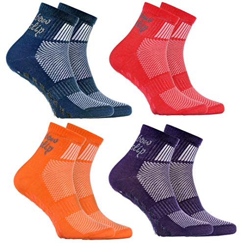 Rainbow Socks - Jungen Mädchen Sneaker Baumwolle Antirutsch Sport Stoppersocken - 4 Paar - Jeans Lila Orange Rot - Größen 24-29 von Rainbow Socks