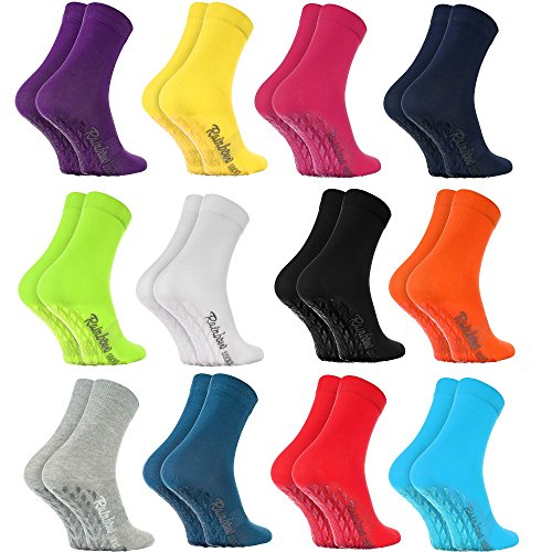 Rainbow Socks - Damen Herren Bunte Baumwolle Antirutsch Socken ABS - 12 Paar - Weiß Blau Blau Marine Schwarz Rot Lila Blau Orange Pink Grau Grün Gelb - Größen 39-41 von Rainbow Socks