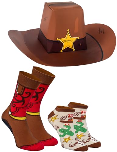Rainbow Socks - Cowboy Socks in Box - Damen Herren Novelty - Geschenk Socken für Fans des Wilden Westens in einer Cowboyhut-Box - Cowboy Sheriff Kaktus - 2 Paar - Größen 41-46 von Rainbow Socks