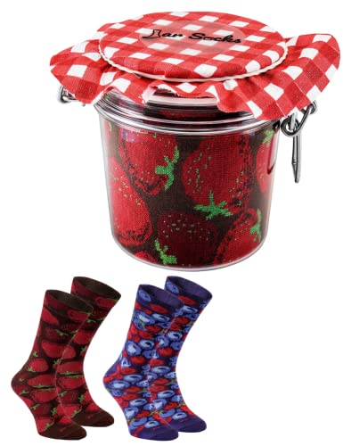 Rainbow Socks - Damen Herren - Erdbeeren und Blaubeeren Socken im Glas - Geschenk Idee - 2 Paar - Größen 41-46 von Rainbow Socks