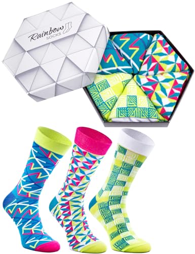 Rainbow Socks - Damen Herren Geometrisch Socken Box Geschenk - 3 Paar - Türkis Rosa Gelb - Größen 41-46 von Rainbow Socks