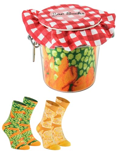 Rainbow Socks - Damen Herren - Grüne Erbsen mit Möhrchen und Zitrone Socken im Glas - Geschenk Idee - 2 Paar - Größen 36-40 von Rainbow Socks