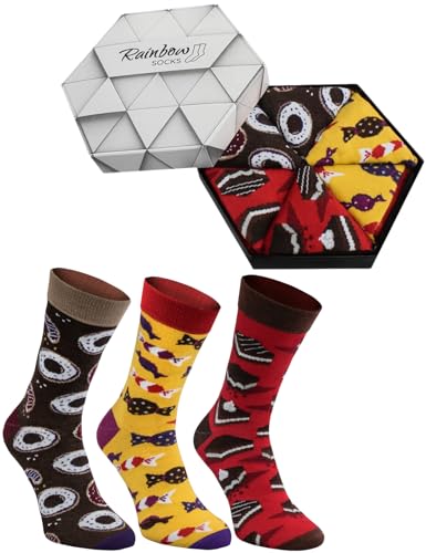 Rainbow Socks - Damen Herren Lustige Dunkle Süssesten Socken Box - 3 Paar - Donut Bonbon Kuchen - Größen 36-40 von Rainbow Socks