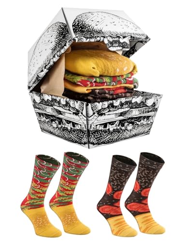 Rainbow Socks - Hamburger Box Socks - Damen Herren Lustige Cheeseburger Socken in Box - Novelty Geschenk Socken für Burger- und Fast-Food-Liebhaber - 2 Paar - Größen EU 47-50 von Rainbow Socks