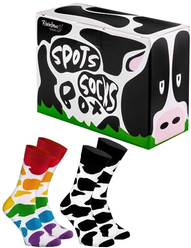 Rainbow Socks - Damen Herren Lustige Kuh Socken im Box - Novelty Gift für Liebhaber von Tieren und Bunten Socken - Spots Socks in the Box - 2 Paar - Größen EU 36-40 von Rainbow Socks