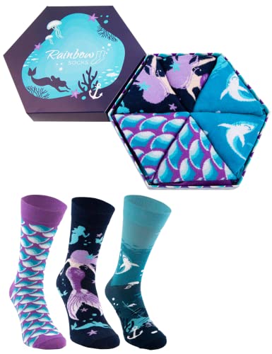 Rainbow Socks - Damen Herren Lustige Meerjungfrau Socken Box Geschenk- 3 Paar - Meerjungfrau Fisch Skala Unterwasserwelt - Größen 41-46 von Rainbow Socks