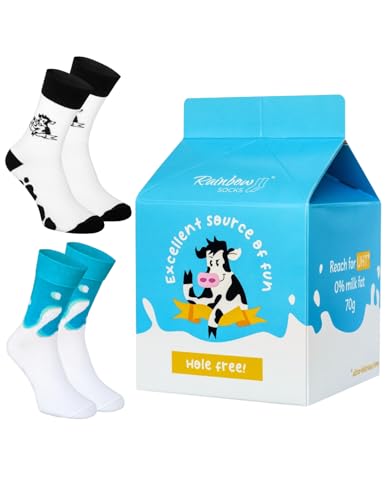 Rainbow Socks - Damen Herren Lustige Milch Socken - Novelty Socken mit Milch und Kuhmuster - Milk Socks Box - 2 Paar - Größen EU 41-46 von Rainbow Socks