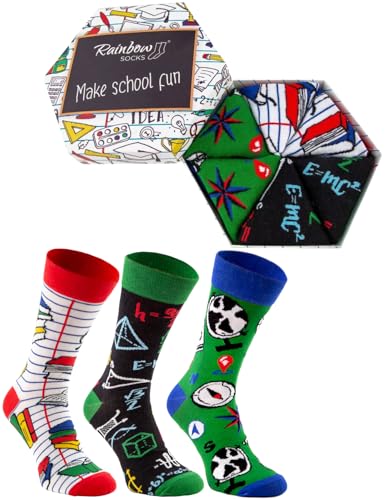 Rainbow Socks - Damen Herren Lustige Schule Socken Box Geschenk - 3 Paar - Notizbuch Mathe Geographie - Größen 36-40 von Rainbow Socks