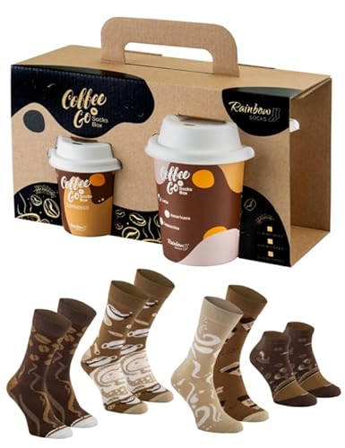 Rainbow Socks - Damen Herren Lustige Sockendose Kaffeesocken für sie und für ihn Coffee to go Geschenk - 4 Paar - Größen 47-50 von Rainbow Socks