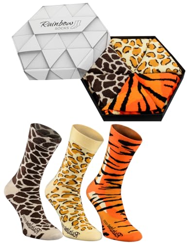 Rainbow Socks - Damen Herren Lustige Wilde Tiermuster Socken Box - 3 Paar - Panther Giraffe Tiger - Größen 36-40 von Rainbow Socks