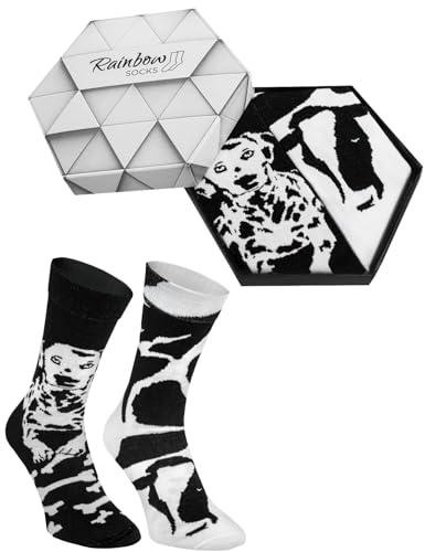 Rainbow Socks - Damen Herren Schwarz und Weiß Lustige Tiere Socken Box - 2 Paar - Hund Kuh - Größen 36-40 von Rainbow Socks