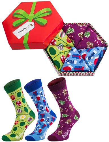 Rainbow Socks - Damen Herren Weihnachten Socken Box für Geschenk - 3 Paar - Lebkuchenmännchen Zuckerstangen Geschenkesocken - Größen 47-50 von Rainbow Socks